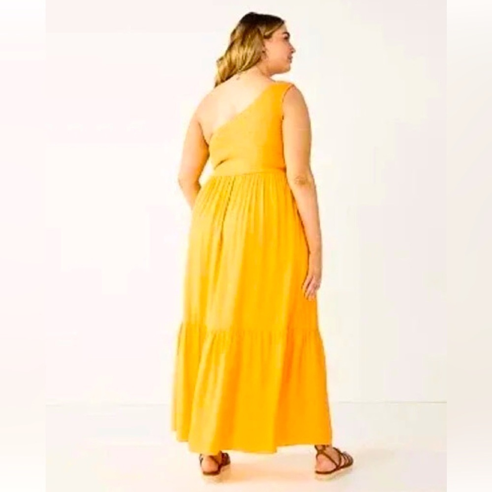 Nine West One-Shoulder Rayon Smocked Tiered Maxi Dress Liquid Gold Plus Size 1X